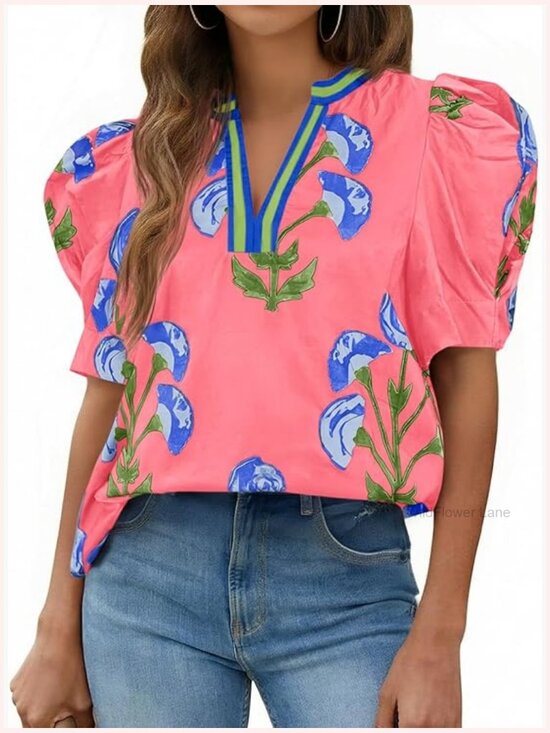 Tops - Puff Sleeve Floral Top V Neck Blouse Casual Dressy Summer Shirt